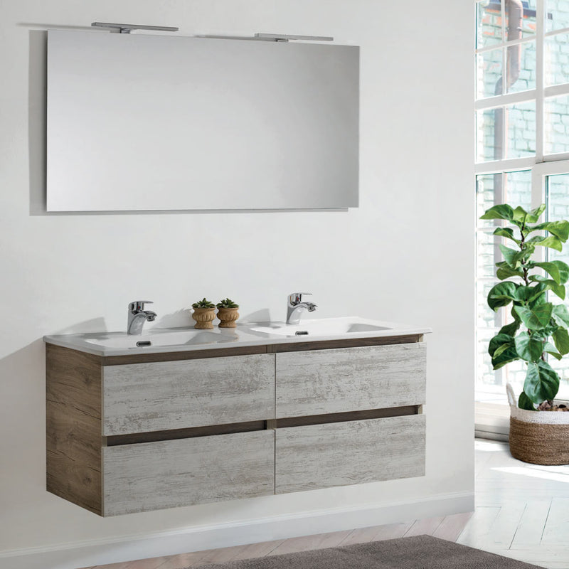 Mobile da bagno sospeso 120 cm con doppio lavabo e specchio con lampade a LED Made in Italy - Cubi&Co Etna