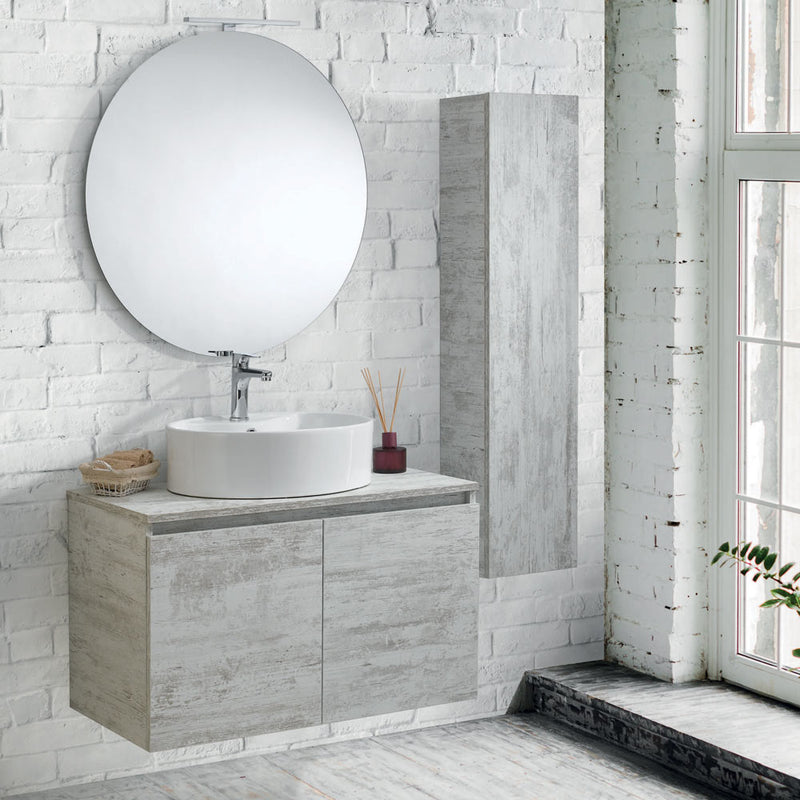 Mobile bagno sospeso Sunset 90 cm con lavabo d'appoggio, specchio con lampada LED e colonna - Bianco Vintage