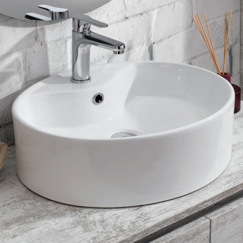 Mobile bagno sospeso Sunset 90 cm con lavabo d'appoggio, specchio con lampada LED e colonna - Bianco Vintage